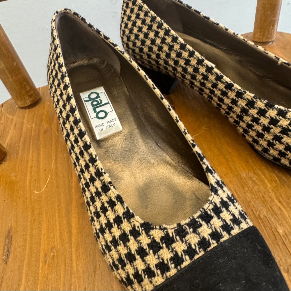 Vintage Galo Houndstooth Block Heel Pumps sz US8 EU38½ cream black tweed leather - Picture 2 of 10